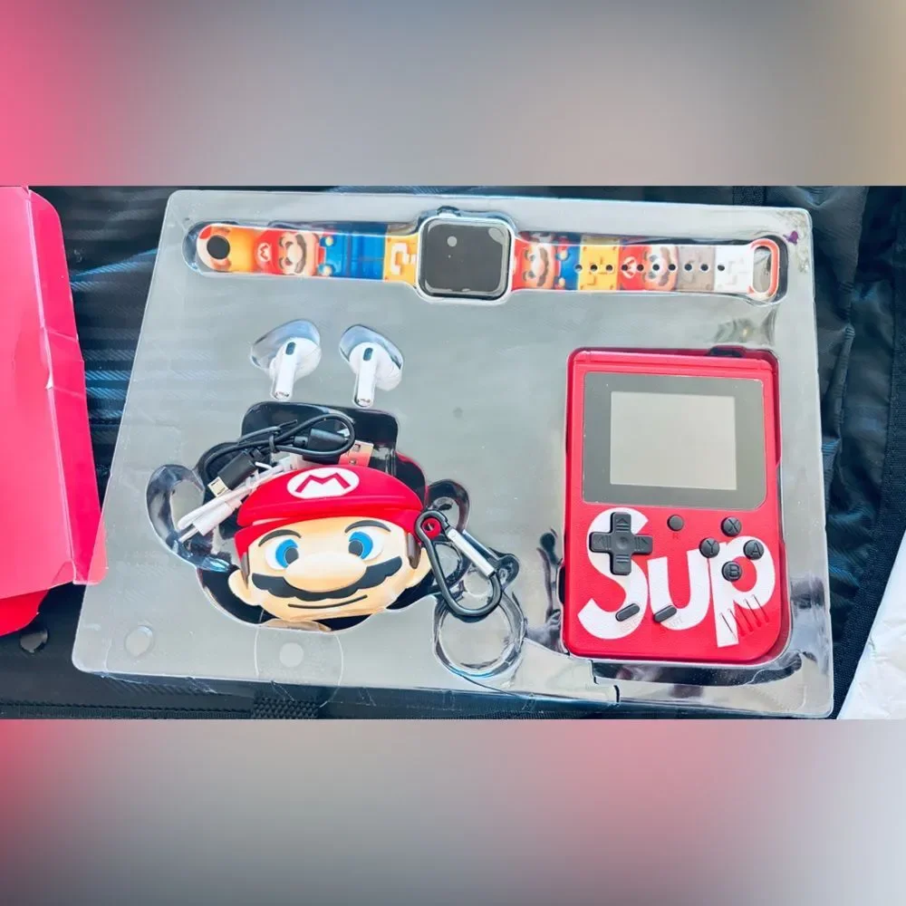Mario Bros. Sup game device watch earbuds and Mario face earbud case gift set